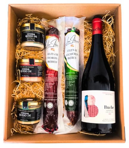 LUX IBÉRICO - Cesta Gourmet para Regalar Caelia – Caja de Productos Ibéricos – Lote con Vino, Morcón de Bellota, Salchichón, Chorizo y Cremas de Queso de Oveja - Regalo Original - Surtido Embutidos