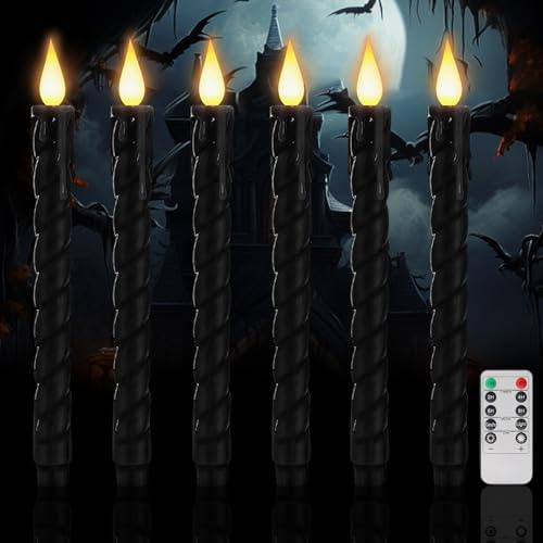 Halloween Deko LED Stabkerzen mit Timerfunktion Echtwachskerzen,Led Kerzen mit Fernbedienung Flackernde Flamme,Elektrische Kerzen Flammlose für Weihnachtsdeko,Hochzeit Party Tisch Dekoration (Black)