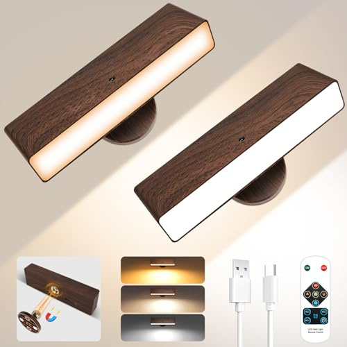 Toowell Stick on Wall Lights Battery Operated Rechargeable Wall Lights with Remote Control Magnetic Wall Light Wireless Wall Sconces Set of 2 Battery Powered Wall Light Indoor Bedside Wall Lamp,Walnut