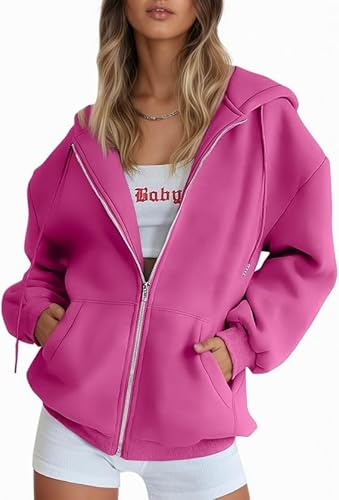 IRIVOSEY Felpa con cappuccio da donna tinta unita oversize felpe autunnali moda autunno 2025 giacca in pile caldo maglioni abiti invernali, Rosa caldo, X-Large