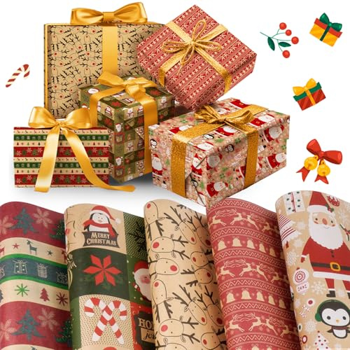 Rouleau Papier Cadeau Noel 5 Rouleaux, 43x300cm Papier Cadeau Noel Gros Rouleau, Wrapping Paper avec 2 Rubans Adhésifs, Motifs de Noël Christmas Wrapping Paper pour Noël