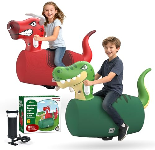 POVYRE Kids Boys Outdoor Toys, 2 PCS Giant Inflatable Dinosaur Bull Toys Bouncy Hopper with Pump, Ride-on Jumping Animal for Indoor Outdoor Play, 220 lbs Capacity, Gift for Ages 5+