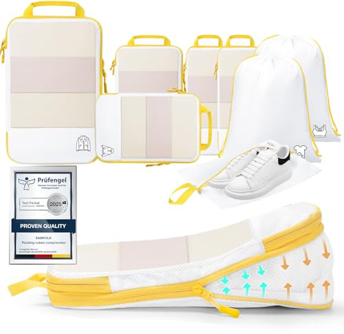 8 Pezzi di Compression Packing Cubes, Organizer per Valigia, Compression PackwüRfel, Borse per Zaino, Organizzatore per Viaggi, Colore Limone Giallo