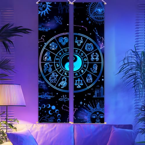 CRAFTYMELODY 2 Packung Schwarzlicht Wandteppich Mit Sternbildern Im Dunkeln Leuchtend Sternzeichen Astrologie Wandteppich UV Reaktiv Wandbehang 12.915.1 x (7)(6) cm Mit Seil