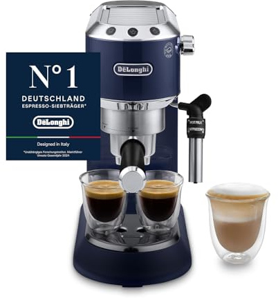 De'Longhi Dedica Style - Espressomaschine mit Manuellem Milchaufschäumer | Manuelle Kaffeemaschine, Espresso und Cappuccino, Geeignet für ESE-Pads, Bedienfeld mit Tasten, Breite 15 cm, Blau, EC685.BL