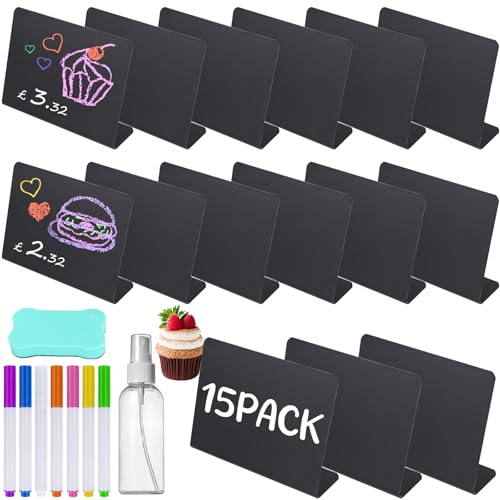 24Pcs Mini Chalkboard Signs Set, Food Labels for Buffet with 6 Colored Pens & Eraser, Price Tags for Display,Black Reserved Table Top Sign for Cheese Cake Board Signs/Craft Stall Display Stand Cards