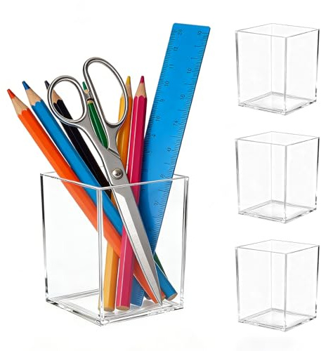 Senndio 4 Pcs Acrylic Pen Pot, 10x6.5x6.5cm Square Clear Pencil Holder, Transparent Pen Cup & Makeup Brush Holder, Durable Desk Pen Holders for School, Home, Office Stationery & Cosmetic Accessories