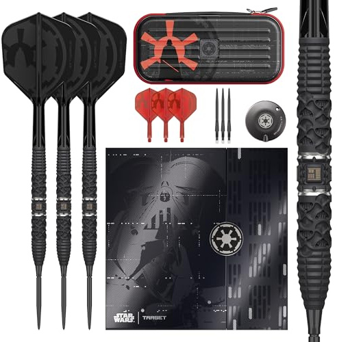 Target Darts Star Wars Darth Vader 95% Tungsten Steel Tip Darts, 24G | Black Swiss Storm Points, Red & Black K-Flex No.2/No.6 Shafts & Flights, Premium Swiss Keyring Tool & Takoma Wallet