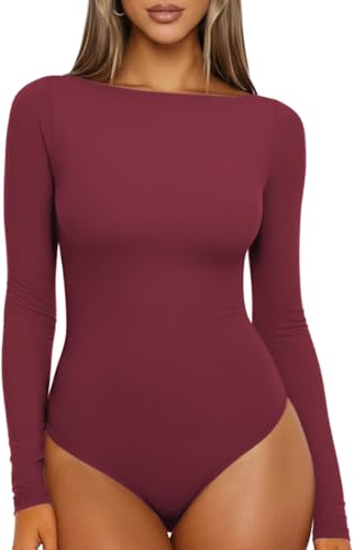 Sukiglam Body Donna Maniche Lunghe Scollo a Barchetta Bodysuit Top Elegante Basic Body Intimo Aderente Elasticizzato Camicia Body Sottogiacca Leggero Morbido Casual T-Shirt Manica Lunga per Layering