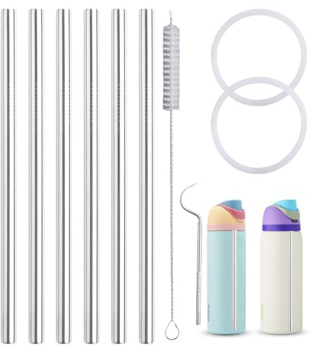 Replacement Stainless Steel Straws Compatible with Owala Water Bottle 24oz 32oz Reusable Straws with 2 Cleaning Brushes Metal Straw Replacement
