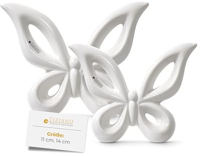 Tiziano® Keramik Schmetterlinge Creme-weiß (11cm & 14cm 2er Set) - Glänzende Deko Figuren im Bundle für Wohnzimmer & Büro - Stilvolle Geschenkidee - Dekoartikel für Moderne Einrichtung
