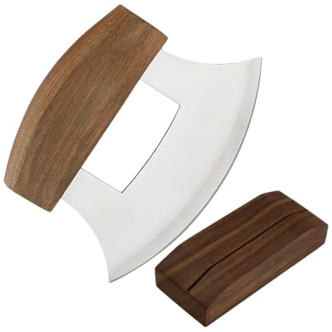 Picador de alimentos basculante – Cortador de pizza estilo Ulu de Alaska, instrumento profesional para cortar de acero inoxidable, accesorio de cocina con mango antideslizante y base de soporte de mad