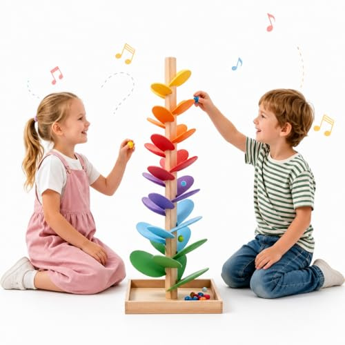 Montessori Sound Tree, 71cm Wooden Rainbow Musical Marble Run | 10 Colorful Balls,Rolling Ball Drop Tower Toy for Toddlers 3+, Cause & Effect Montessori Toys, Birthday Gift for Boys & Girls