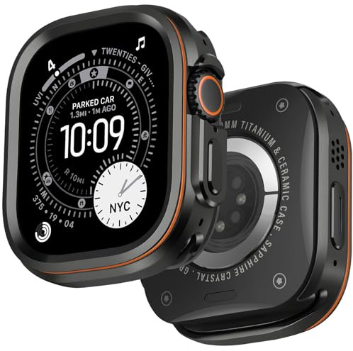 Dolstrap Metall Robust Schutzhülle Kompatibel mit Apple Watch Ultra 3/2/1 49mm Hülle, Stoßfeste Bumper Hülle mit Rückseite für iWatch Ultra 49mm, Schwarz/Orange