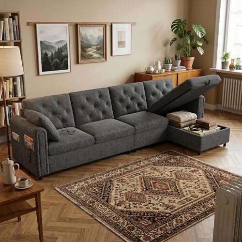 Ecksofa L-Form mit Stauraum & Schlaffunktion, Modulares Samt Sofa Couch Grau, Reversibel (Links/Rechts), Wohnlandschaft mit Seitentaschen & Knopfheftung, 281x132x86 cm, für Wohnzimmer & Gäste Gray