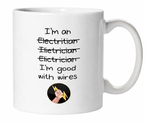 Kruzroyal Funny Electrician Mug - I’m Good with Wires Coffee Cup, Sparky Gift for Dad, Husband, Apprentice, Tradesman & Electrical Engineer, Humour Sarcastic Birthday Present, 11oz Ceramic Mug
