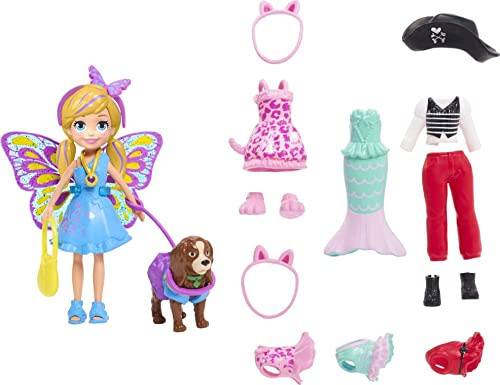 Polly Pocket Mattel GDM15 Figur mit Hund, 4 Outfits weitere Zubehörteile