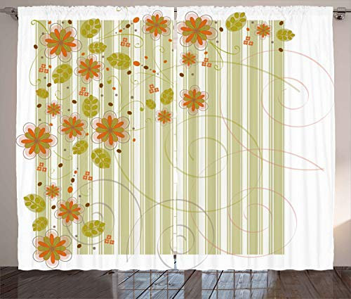ABAKUHAUS Floreale Tenda, Retro Roteato Fiori, Tende per Finestra Due Pannelli Set, 280 x 260 cm, Verde Arancione Bianco