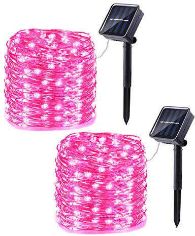 KINGCOO 2 Stück Solar Kupfer Lichterketten, 33ft 100LED 8 Modi Solar Lichterketten,Wasserdichte Kupferdraht Lichter für Patio Rasen Garten Party Hochzeit Weihnachtsdekoration (Rosa)