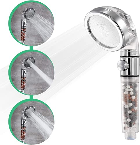 StoneStream® - Cabezal de ducha de alta presión con filtro original para agua dura con 3 ajustes de pulverización, con botón EcoStop (encendido/apagado) solo para duchas no eléctricas
