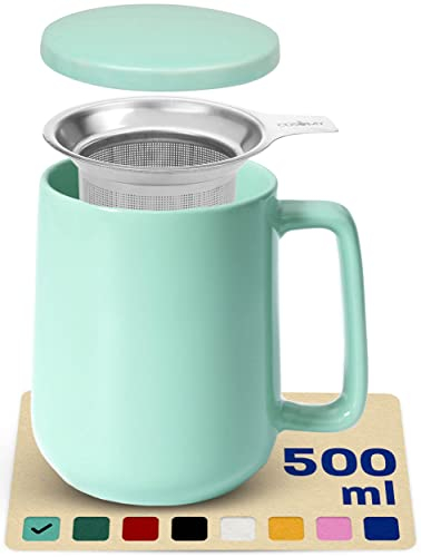 Cosumy Tea Cup with Infuser and Lid - 500ml Large - Ceramic Mug - Long Warmth - Scratch Resistant - Dishwasher Safe (Mint Green)