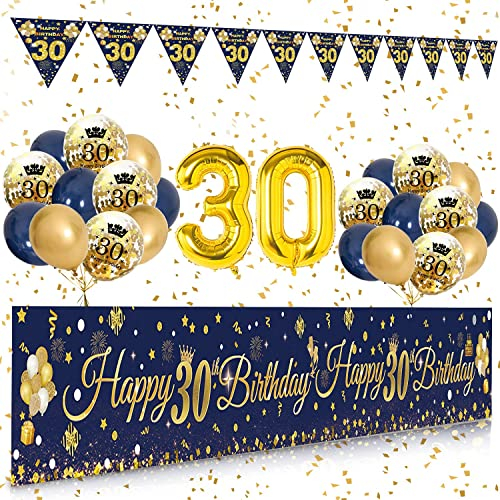 30 Geburtstag Dekoration Männer Frauen, Extra Lange Happy Birthday Banner Girlande Wimpel (9 * 1.21 Füße), 30. Geburtstag Deko Banner Hintergrund und Navy Blau Gold luftballons Konfetti Luftballon