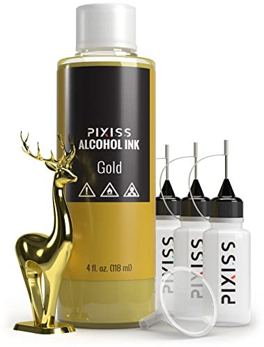Pixiss Gold Alcohol Ink for Resin, Tumblers, Paper - 4 Ounce Bottle with Needle Tip Applicator and Funnel - Metallic Gold Color