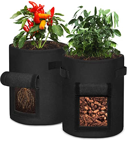 VA-Cerulean Pflanzen Tasche,Tragegriffen Pflanzsack im Garten,Balkon,Pflanztasche mit Sichtfenster und Klettverschluss,für Kartoffeln, Blumen, Pflanzen, Gemüs(2 Stück Schwarz,7 Gallonen)