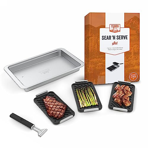 Yukon Glory SEAR 'N SERVE Ensemble de poêles à griller en fonte comprenant 3 paniers à griller en fonte, un plateau de service et une poignée à clipser, poêles en fonte pour plaques de cuisson ou