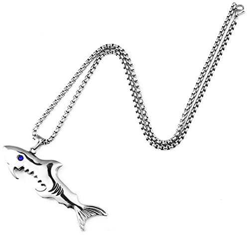 316L Stainless Steel Fashion Shark Blue Stone Pendant Necklace Bottle Opener Punk Hip Hop Rock Necklace Personality Jewelry Gift