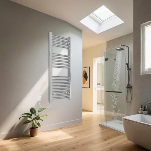 Warmehaus Curved Chrome 300W Electric Towel Rails for Bathrooms 900x450mm | Manual Bathroom Towel Radiator, Electric Towel Rail, Wall Mounted