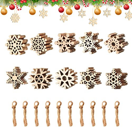 50 Stück Weihnachtsanhänger Holz, Weihnachtsbaum Anhänger, Schneeflocken, Baumschmuck Für Partys, Bastelarbeiten, Christbaumschmuck
