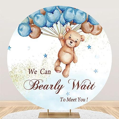 AOFOTO 2,2 x 2,2 m Bär Junge Babyparty Runde Hintergrundabdeckung We Can Bearly Wait to Meet You Flying Teddy Blau Braun Luftballons Gold Glitzer Fotografie Hintergrund für Kinder Neugeborene Party