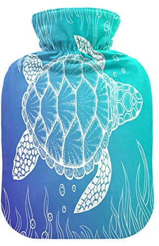 Sea Ocean Animal Turtle Hot Water Bottle with Cover, 1 L Transparent Hot Water Bag Hot Cold Compress, Great for Cramps Back Shoulder Pain Relief, Kids Men Women Hand Foot Warmer