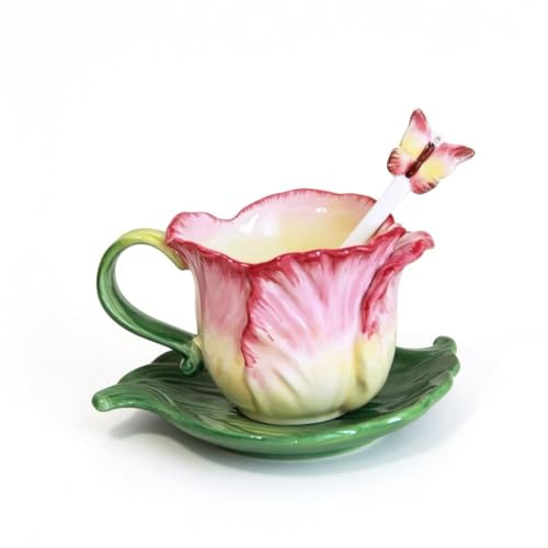 Minigift Ceramic Tea Cup and Saucer Set ，8OZ 3D Hand-Painted Tulip Flower Coffee Mug，Gift for Women