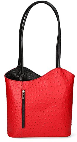 Damentasche mit Griffen und umwandelbar in einen Rucksack aus echtem Leder mit Straußenprägung. Italienisches Handwerksprodukt. Hergestellt in Italien GLX22300523FBG-12_RED_DARK_20_BLACK 28x25x9 cm