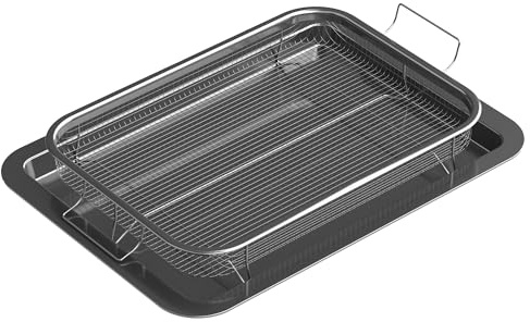 HONGBAKE Crisping Basket & Baking Tray Set, 33x23cm Nonstick Air Fry Crisper Chip Tray with 40x30cm Baking Pan, 2 Pieces Oven Tray with Rack, Wide Edge, Gray