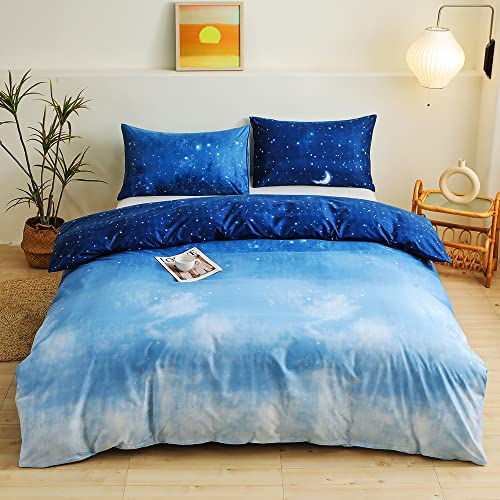 YASMENG Bettwäsche 135x200 Blau Sternenhimmel Stern Mond Muster Weiß Blau Wendebettwäsche Set Weich Kuschelig Mikrofaser Bettwäsche Modern Bettbezug 2teilig mit Reißverschluss und 80x80 cm Kissenbezug