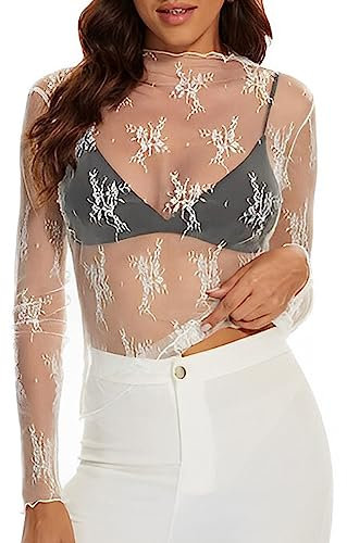 SamHeng Women Long Sleeves Sheer Mesh Tops Sexy See-Through Fishnet Slim Tops Party Clubwear White