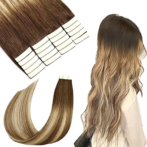 SURNEL Tape in Extensions Echthaar #3/8/22 Dunkelbraun bis Aschbraun Mittelblond Tape in Extensions 20 Stück/50g (tape#3/8/22-55cm)
