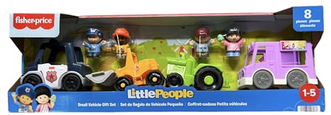 Fisher-Price Little People Ensemble de jeu pour tout-petits autour du quartier, 4 voitures et camions jouets et 4 figurines (style B – Voiture de police, bulldozer de construction, tracteur de fermier