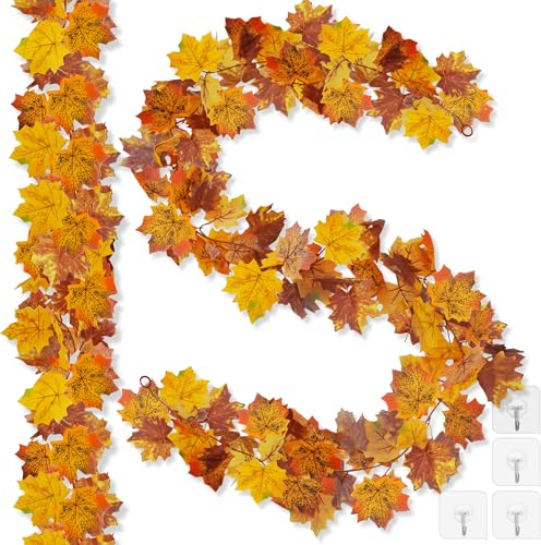 ROLLWAY 2 Stück Künstliche Herbstgirlande Ahornblätter, Herbst Girlande zum Aufhängen, Ahorn Blättergirlande Herbst Blätter Girlande für Drinnen Draußen Halloween Erntedankfest Kamin Dekoration