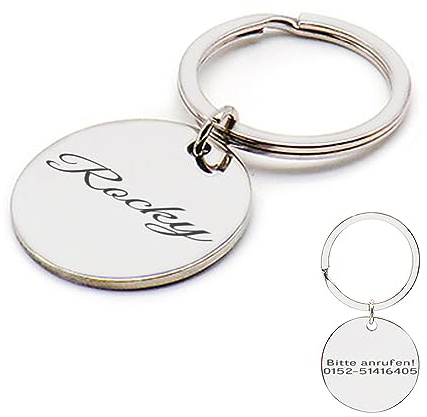 Tiermarke mit Gravur - Personalisiert mit Name - Namensschild für Halsband - Anhänger Marke für Hunde und Katzen - Dog Cat Tag (Silber, Ø 25mm)