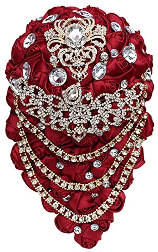RWRAPS Wasserfall-Blumensträuße mit Diamantbrosche im Langen Stil, handgefertigte Blumen für die Braut in der Kirche, Hochzeitsfeier (D 21 cm)