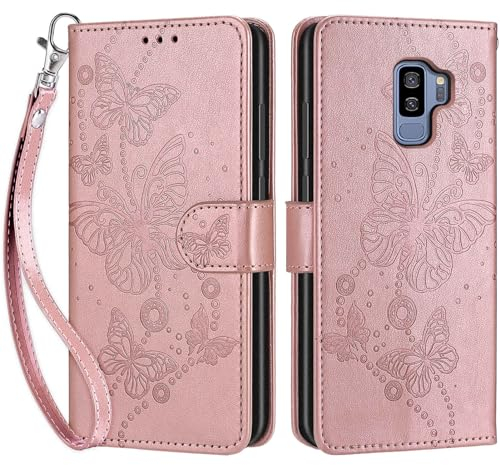 Handyhülle für Samsung Galaxy S9 Plus Hülle, Premium PU Leder Flipcase Magnetverschlüsse Schutzhülle Klapphülle mit Kartenhalter und Faltbare Brieftasche Hülle für Samsung Galaxy S9 Plus - Roségold