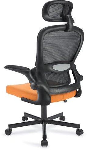 Blisswood Ergonomic Computer Desk Chair With Lumbar Support - 360° Swivel - Adjustable Flip-Up Armrest & Headrest - Reclines 130° - Executive Mesh Chair for Gaming & Home Office (Orange & Black)