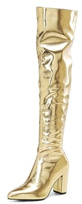 Stivali sopra Il Ginocchio da Donna con Gambo Lungo in Pelle Caldi al Ginocchio con Tacco a Blocco da 8.5 cm,d'oro,42 EU