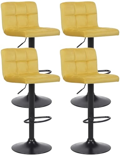 CLP 4er Set Barhocker Feni Samt, höhenverstellbar mit Fußstütze, Lehne & Metallgestell, belastbar bis 150 kg, Farbe:gelb