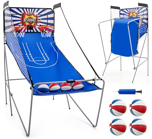 COSTWAY Macchina da Pallacanestro Elettronica Pieghevole, Gioco Arcade da Basket a Doppio Tiro per Casa con 8 Modalità di Gioco, Suono Arcade, Punteggio Elettronico, 4 Palloni e Pompa (Blu e bianco)