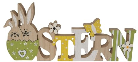 Goldbach Schriftzug Ostern 30x13,5x2cm groß, bunt aus Holz mit Osterhasen Ei Schmetterling und Blumen Osterdeko Aufsteller